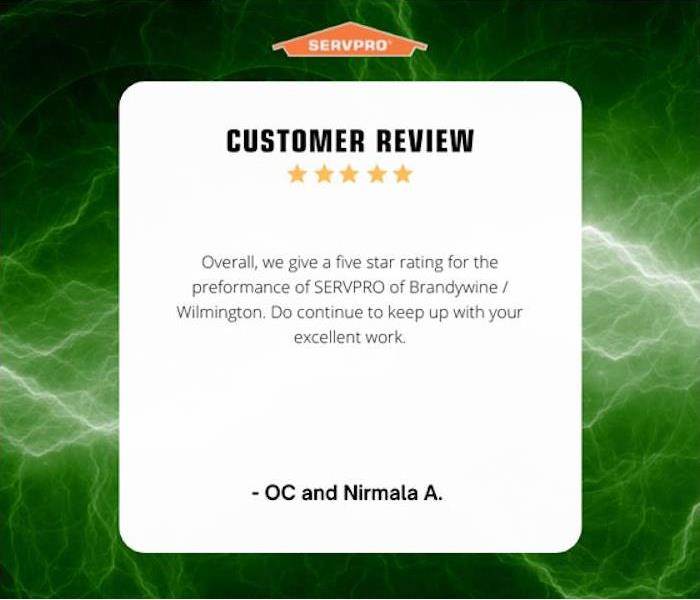 A customer review with five stars on a green background 